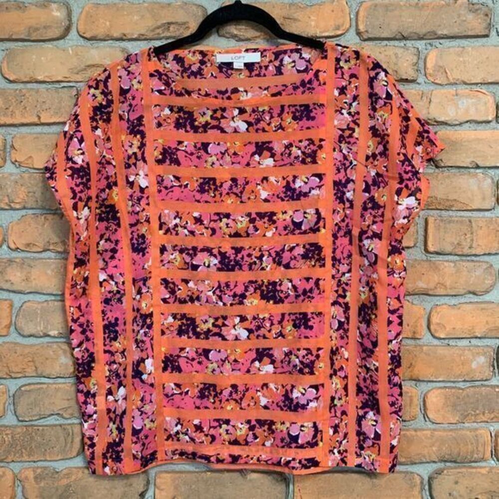 LOFT Ann Taylor Women's Vibrant Floral Print Striped Summer Blouse Pink Orange S